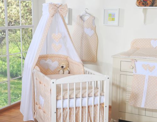 Bedding set 5-pcs 120x90 with canopy - Hanging Hearts white dots on beige