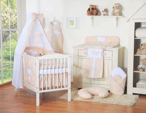 Bedding set 5-pcs 120x90 with canopy - Hanging Hearts white dots on beige