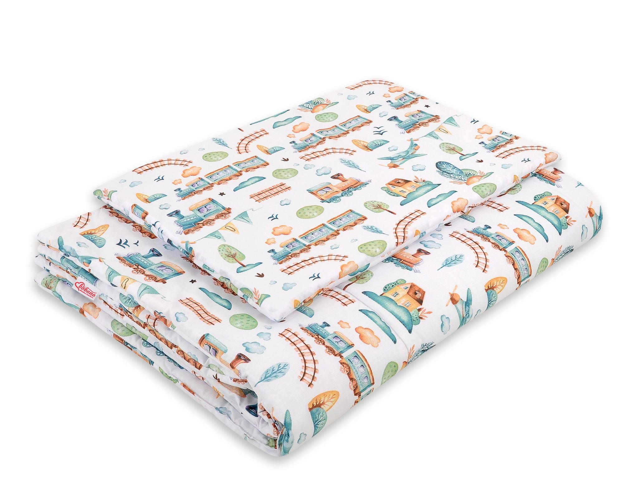 Bedding set 2-pcs with filling 135x100 cm - turquoise train