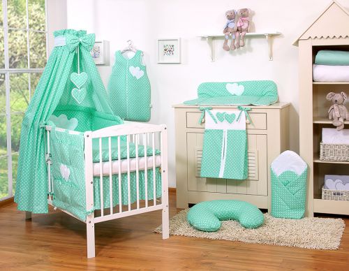 Bedding set 5-pcs 120x90 - Hanging Hearts white dots on mint