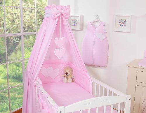 Bedding set 5-pcs 120x90 with canopy - Hanging Hearts pink strips