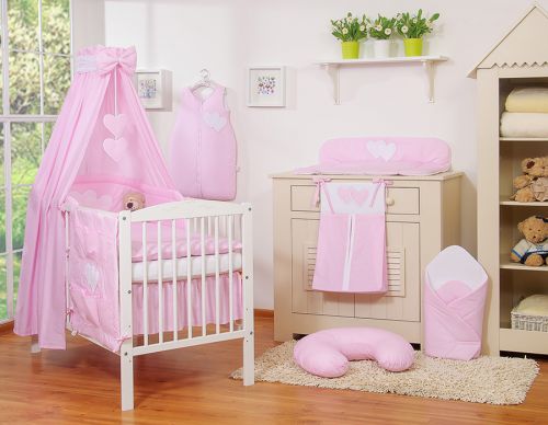 Bedding set 5-pcs 120x90 with canopy - Hanging Hearts pink strips