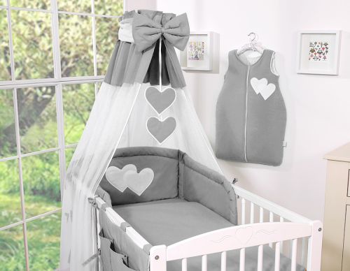 Bedding set 5-pcs 135x100 with canopy - Hanging Hearts anthracite