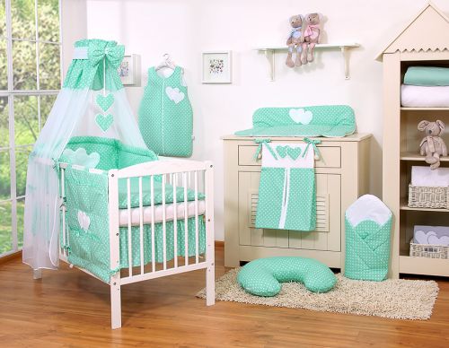 Bedding set 5-pcs 120x90 - Hanging Hearts white dots on mint