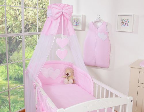 Bedding set 5-pcs 120x90 with canopy - Hanging Hearts pink strips