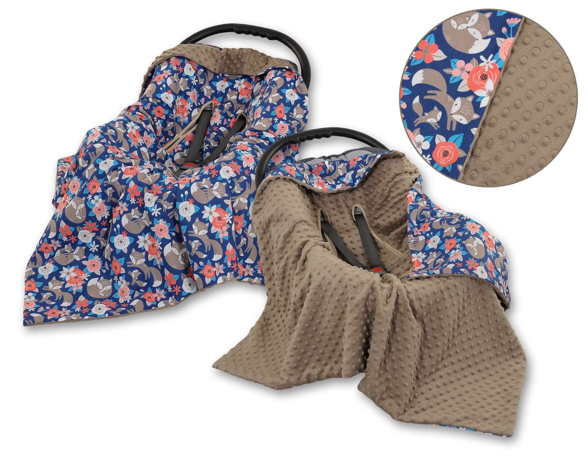 Big double-sided car seat blanket for babies - fox family on blue/brown