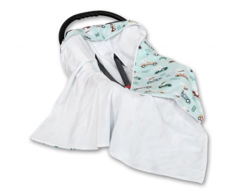 Big double-sided car seat blanket for babies - mint rabbits/white