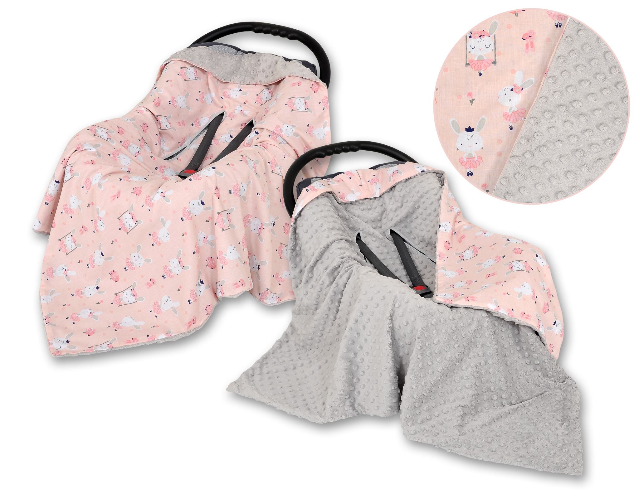 Big double-sided car seat blanket for babies - ballerinas pink/gray