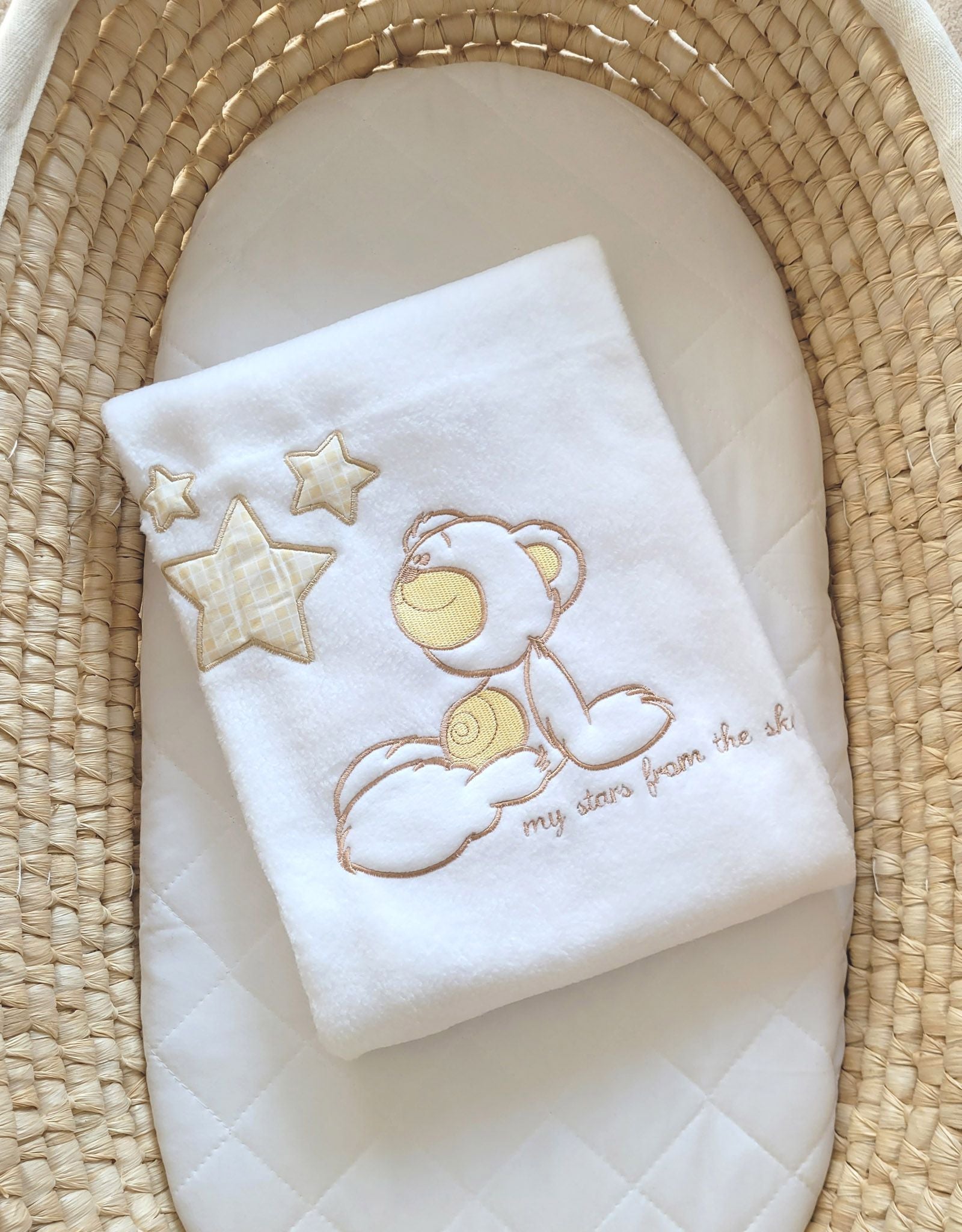 Polar fleece blanket for babies - Carlo- Teddy Bear with Stars white