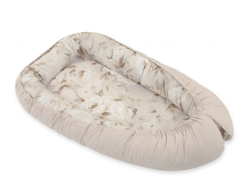 Baby nest double-sided Premium Cocoon for infants BOBONO- Peonies beige/ stone