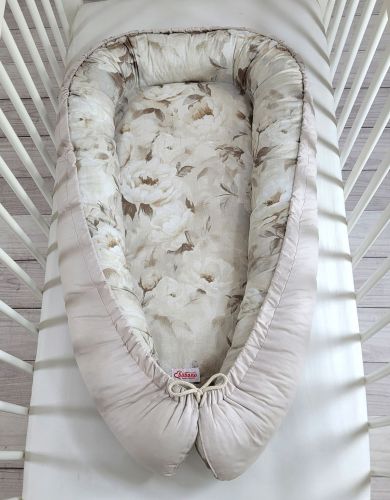 Baby nest double-sided Premium Cocoon for infants BOBONO- Peonies beige/ stone