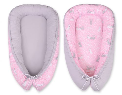 Baby nest double-sided Premium Cocoon for infants BOBONO- pink rabbits/gray