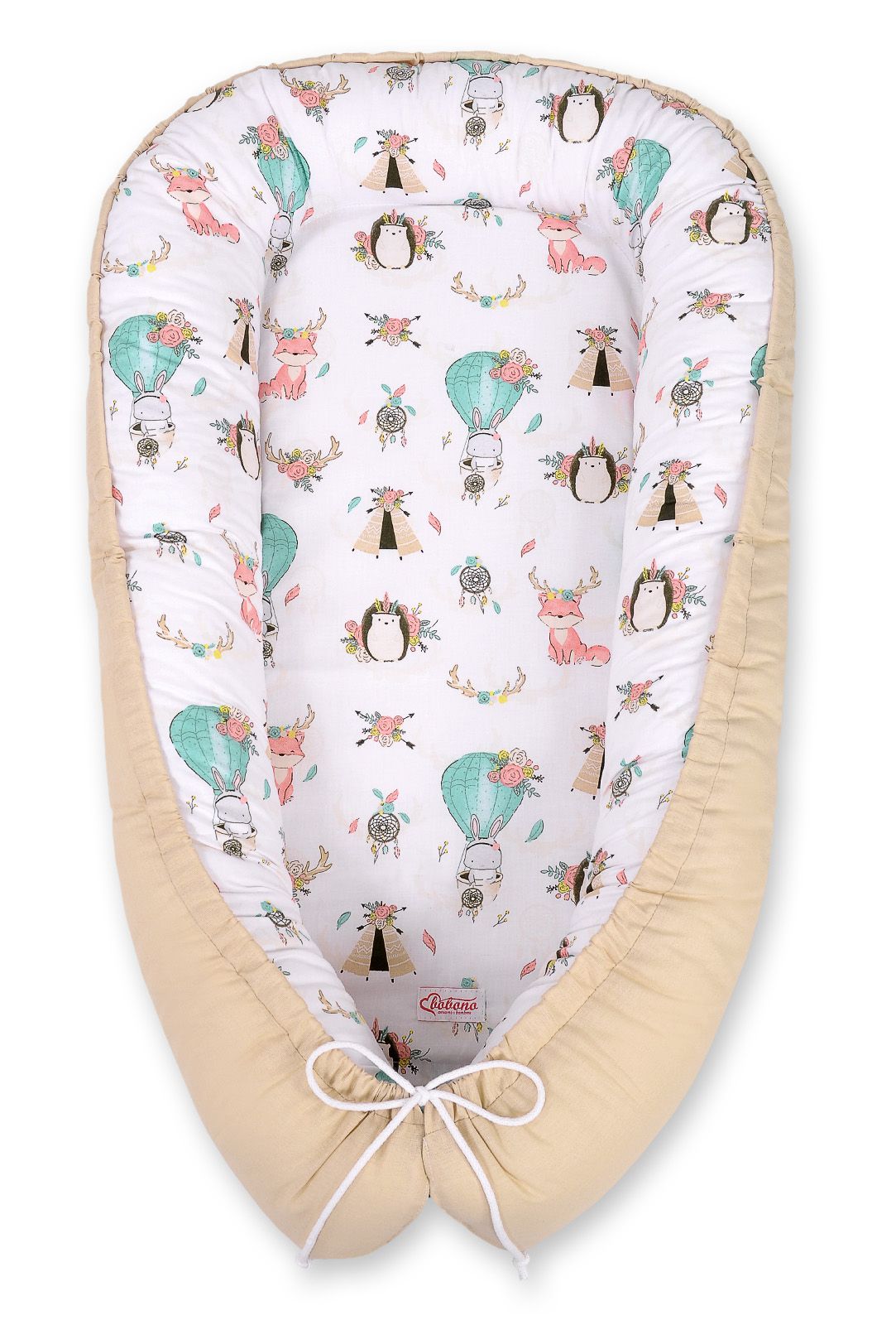 Baby nest double-sided Premium Cocoon for infants BOBONO- foxes beige/beige