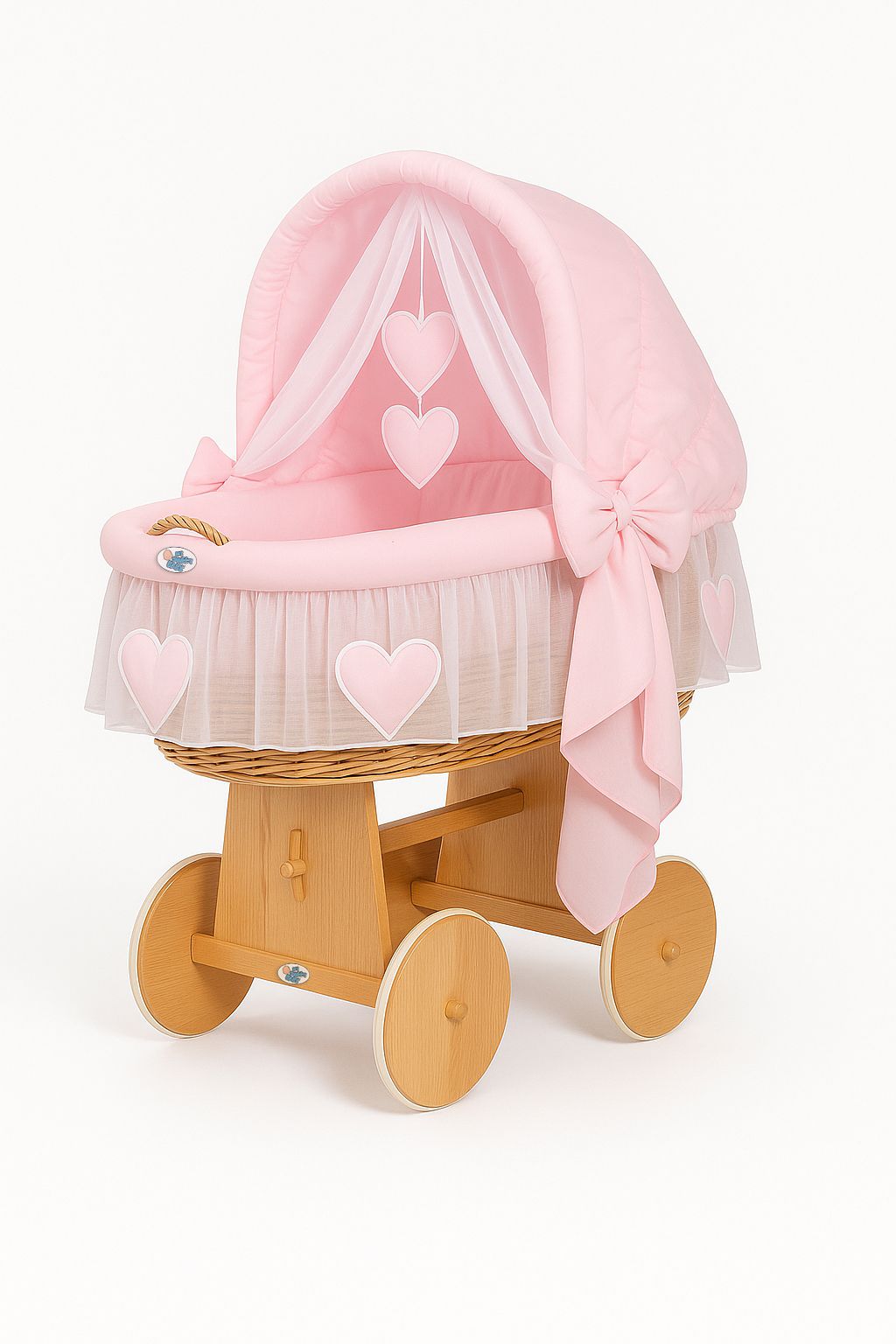 Moses Basket Wicker hood crib Amelie - natural + pink bedding