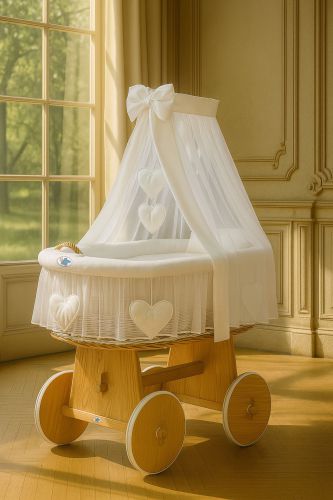Moses Basket Wicker drape crib Amelie - natural + white bedding