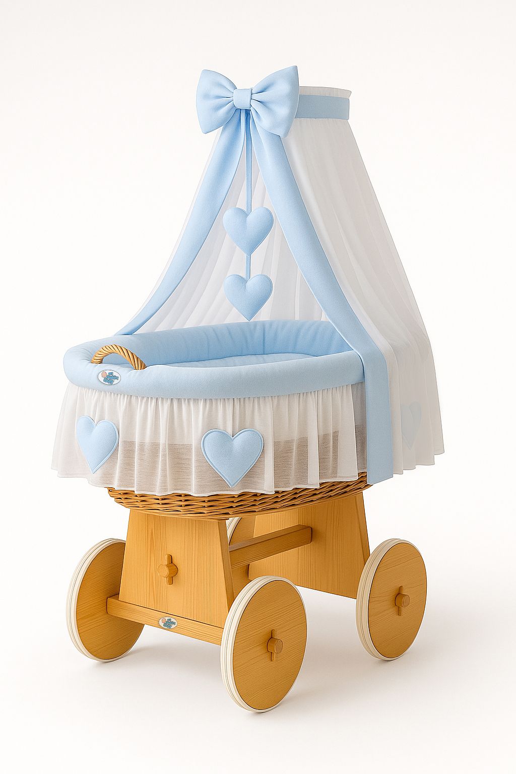 Moses Basket Wicker drape crib Amelie - natural + blue bedding
