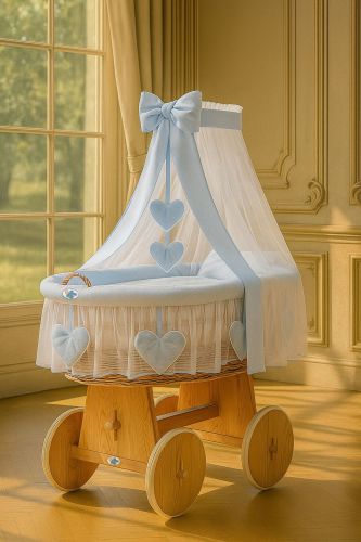 Moses Basket Wicker drape crib Amelie - natural + blue bedding