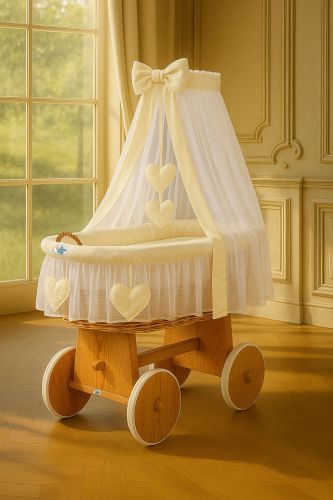 Moses Basket Wicker drape crib Amelie - natural + cream bedding