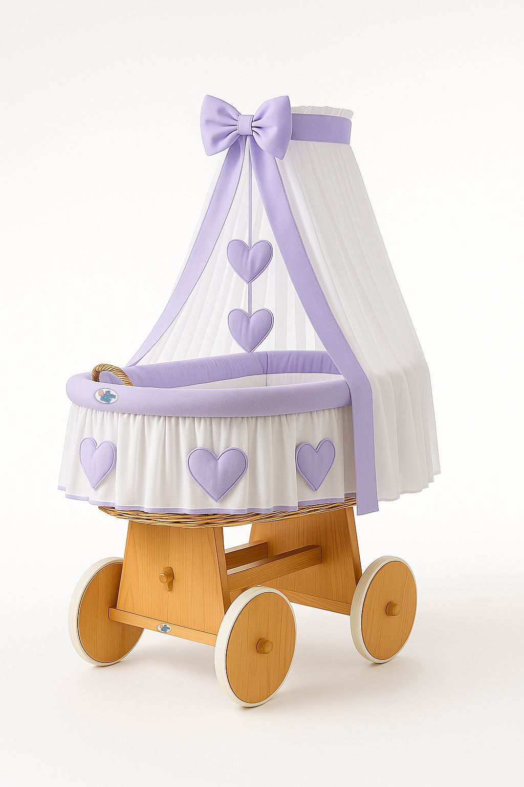 Moses Basket Wicker drape crib Amelie - natural + lilac bedding