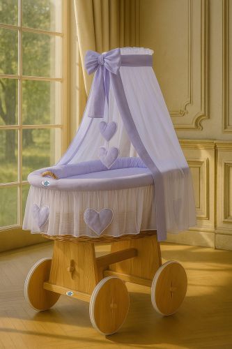 Moses Basket Wicker drape crib Amelie - natural + lilac bedding