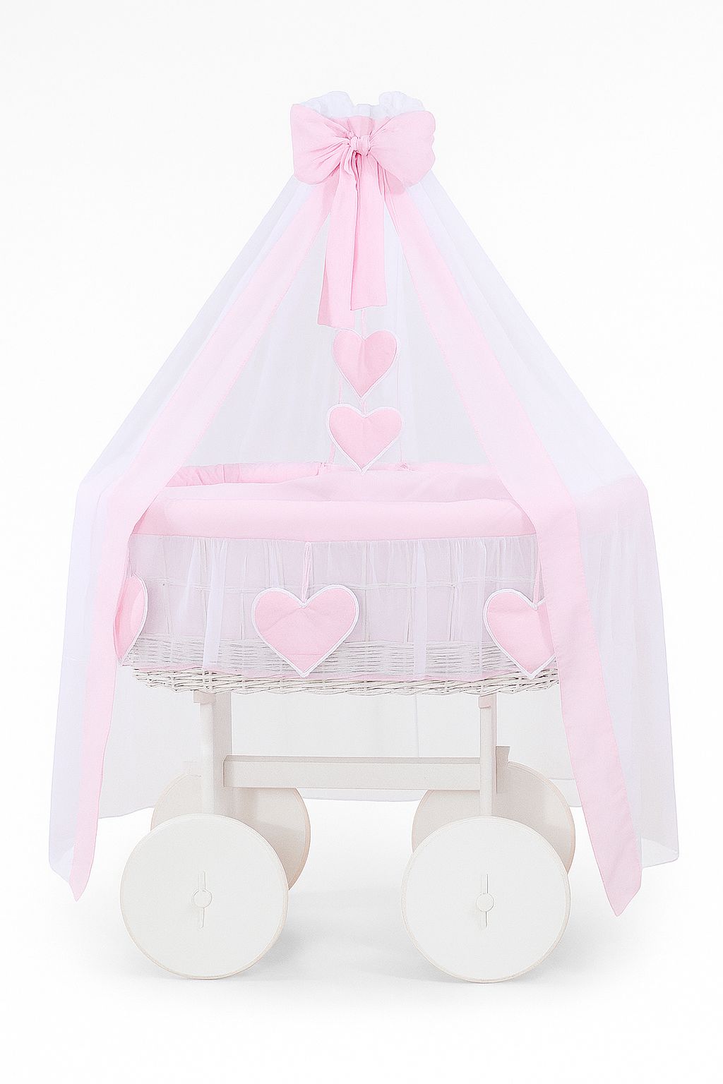 Moses Basket Wicker drape crib Deluxe Amelie - white + pink bedding