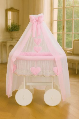 Moses Basket Wicker drape crib Deluxe Amelie - white + pink bedding