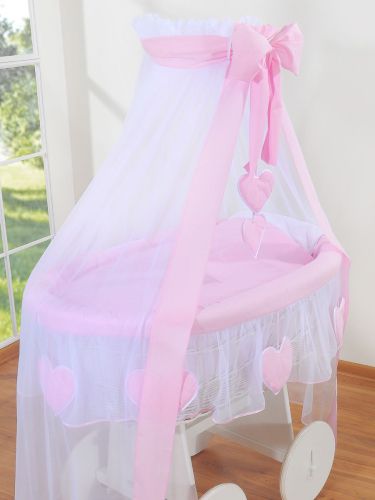 Moses Basket Wicker drape crib Deluxe Amelie - white + pink bedding
