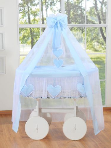 Moses Basket Wicker drape crib Deluxe Amelie - white + blue bedding