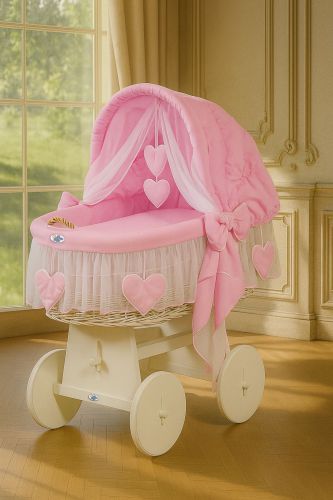 Moses Basket Wicker hood crib Amelie - white + pink bedding