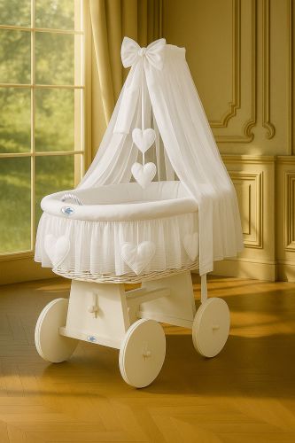 Moses Basket Wicker drape crib Amelie - white + white bedding