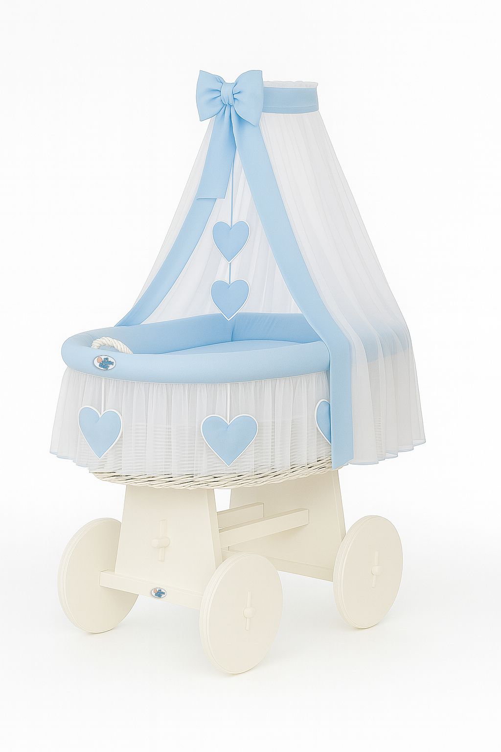 Moses Basket Wicker drape crib Amelie - white + blue bedding