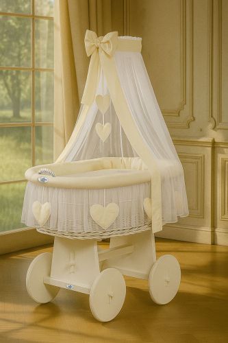Moses Basket Wicker drape crib Amelie - white + cream bedding