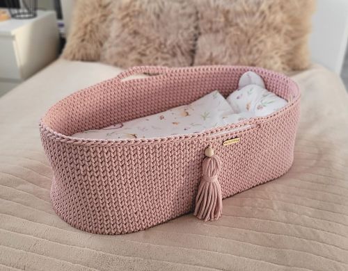 Moses basket BOHO Handmade cotton with mattress - pastel pink