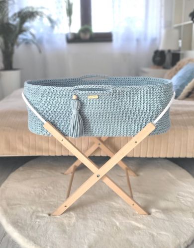 Moses basket BOHO Handmade cotton with mattress - misty blue