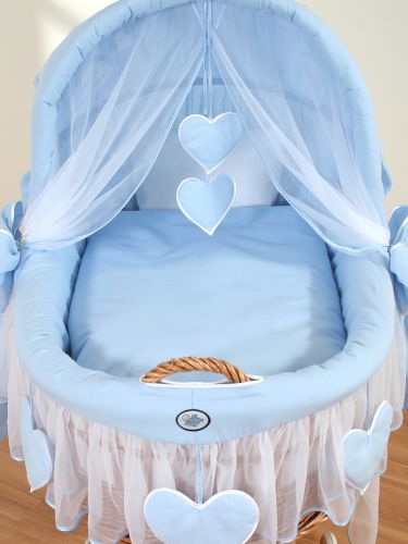 Moses Basket Wicker hood crib Amelie - natural + blue bedding
