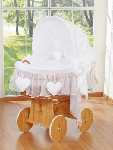 Moses Basket Wicker hood crib Amelie - natural + white bedding