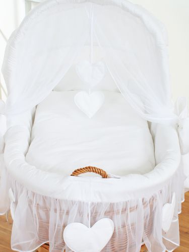 Moses Basket Wicker hood crib Amelie - natural + white bedding