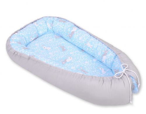 Baby nest double-sided Premium Cocoon for infants BOBONO- blue rabbits/gray