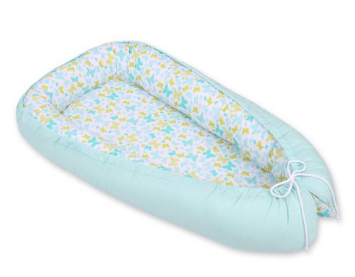 Baby nest double-sided Premium Cocoon for infants BOBONO- blue butterflies/mint