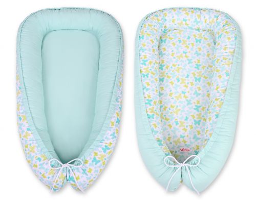 Baby nest double-sided Premium Cocoon for infants BOBONO- blue butterflies/mint