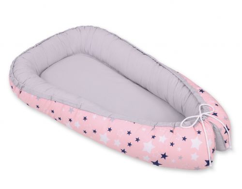 Baby nest double-sided Premium Cocoon for infants BOBONO- pink-navy blue stars