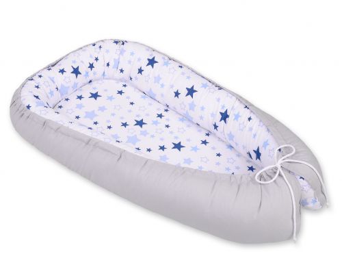 Baby nest double-sided Premium Cocoon for infants BOBONO- blue stars/gray