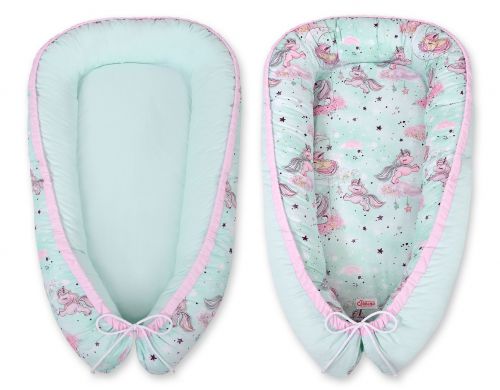 Baby nest double-sided Premium Cocoon for infants BOBONO- unicorn mint/mint