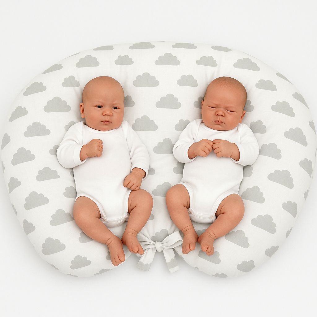 Twin nursing pillow, Breastfeeding Croissant Pillow, removable, Hands-Free Feeding- clouds gray