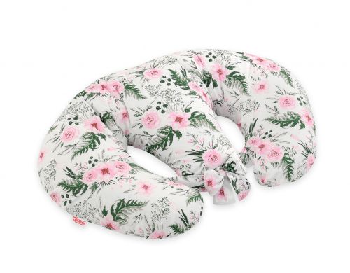 Twin nursing pillow, Breastfeeding Croissant Pillow, removable, Hands-Free Feeding-peony flower pink