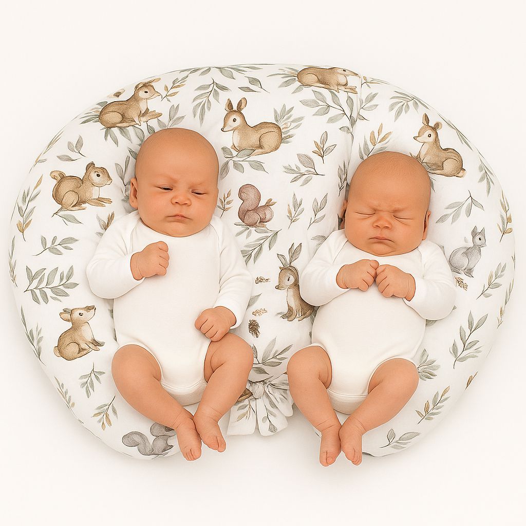 Twin nursing pillow, Breastfeeding Croissant Pillow, removable, Hands-Free Feeding- woodland olive