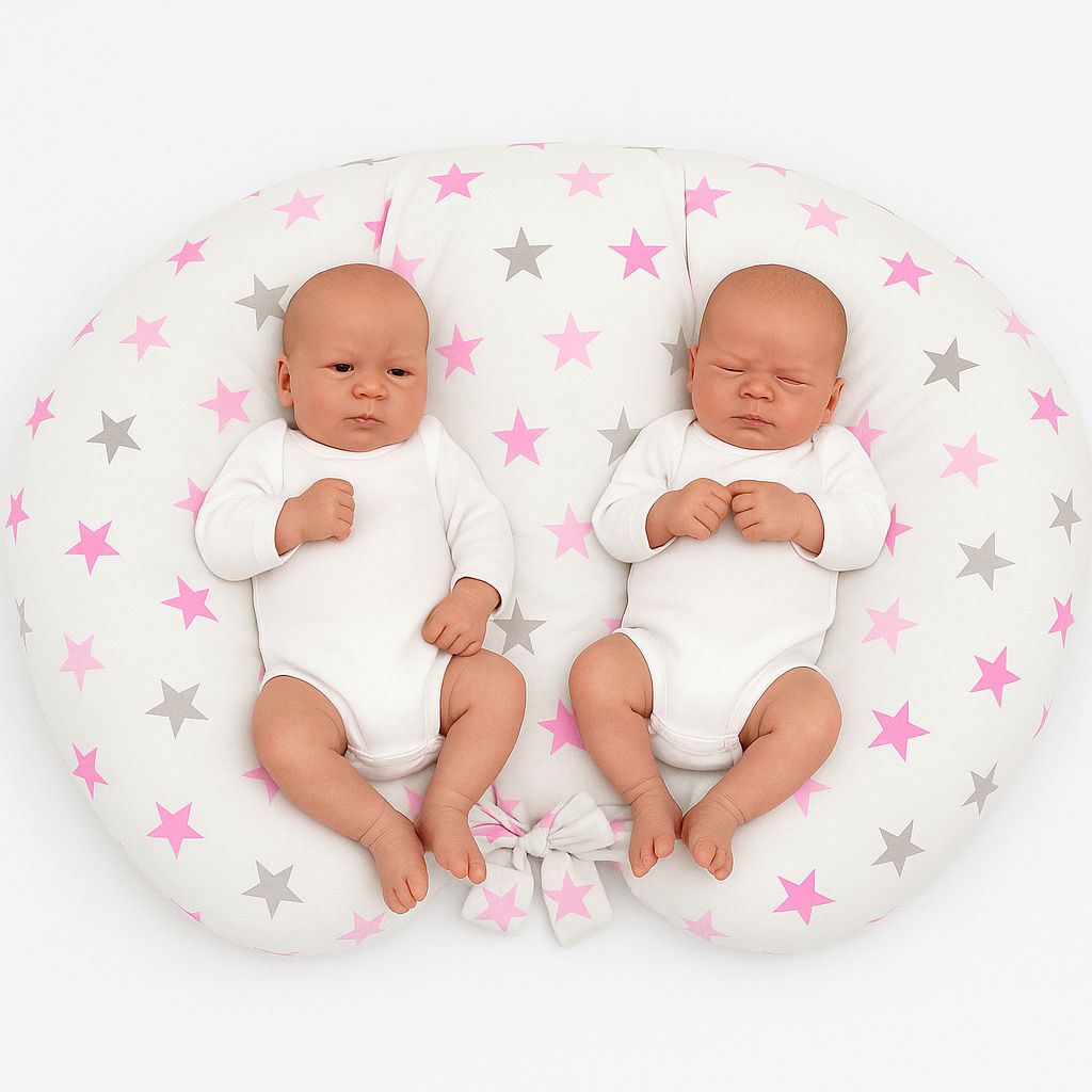 Twin nursing pillow, Breastfeeding Croissant Pillow, removable, Hands-Free Feeding- Grey-pink stars