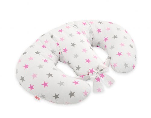 Twin nursing pillow, Breastfeeding Croissant Pillow, removable, Hands-Free Feeding- Grey-pink stars