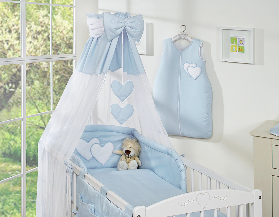Bedding set 5-pcs 120x90 with canopy - Hanging Hearts blue