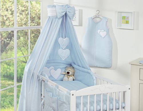 Bedding set 5-pcs 135x100 with canopy - Hanging Hearts blue